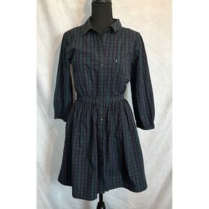 Levi's Tartan Plaid Shirt Dress Button Down 3/4 Sleeve Fitted Waist Casual